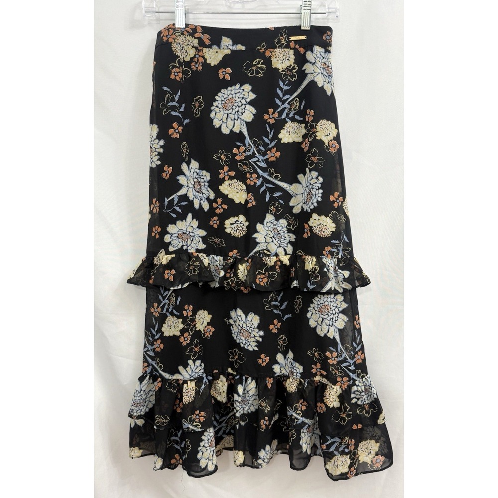 NWT‎ Marc New York Andrew Marc Black Floral Tiered Midi Skirt Womens Size  XS